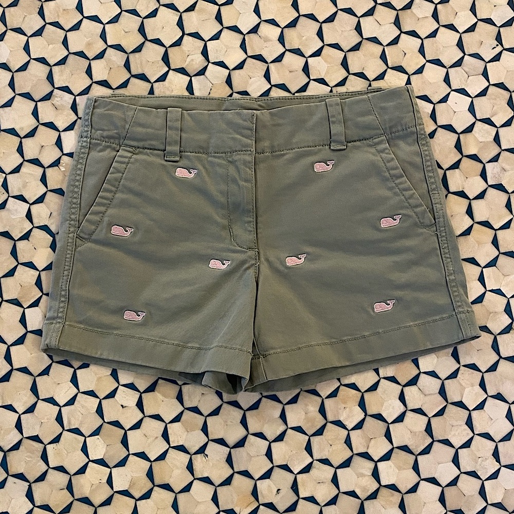 Vineyard Vines Girls Embroidered Everyday Shorts Sage Green with Pink Whales 8